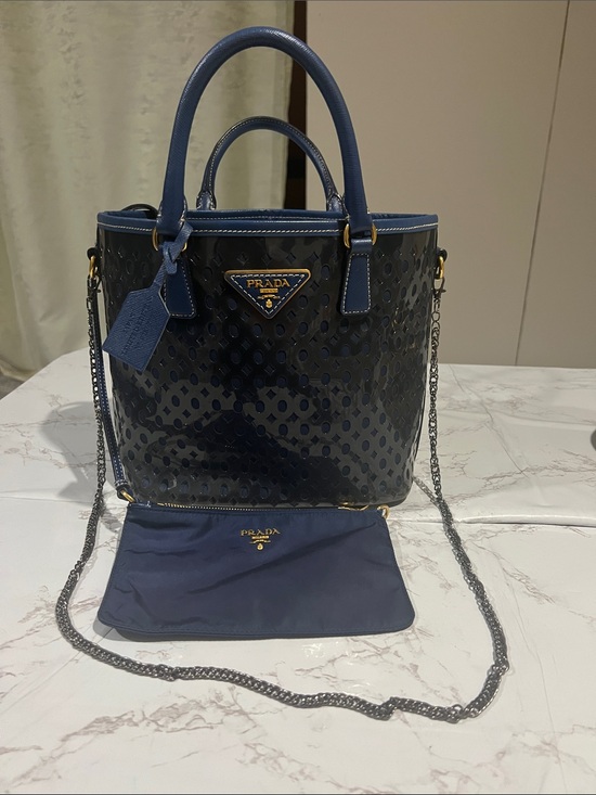 Prada Handbags - Prada Navy Perforated Patent Leather Shoulder Tote with Chain Strap